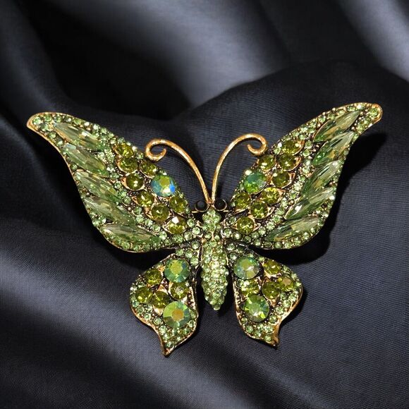 Sparkly Green & Blue Rhinestone Butterfly Insect Brooch Pin with 3.5" Wingspan - Picture 5 of 10